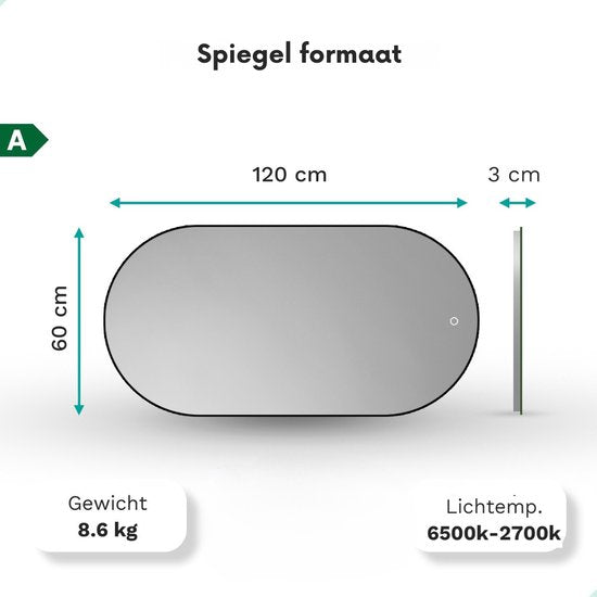 Mirlux Badkamerspiegel - LED Verlichting - Verwarming – Wandspiegel Ovaal – Zwart Frame - 120x60CM