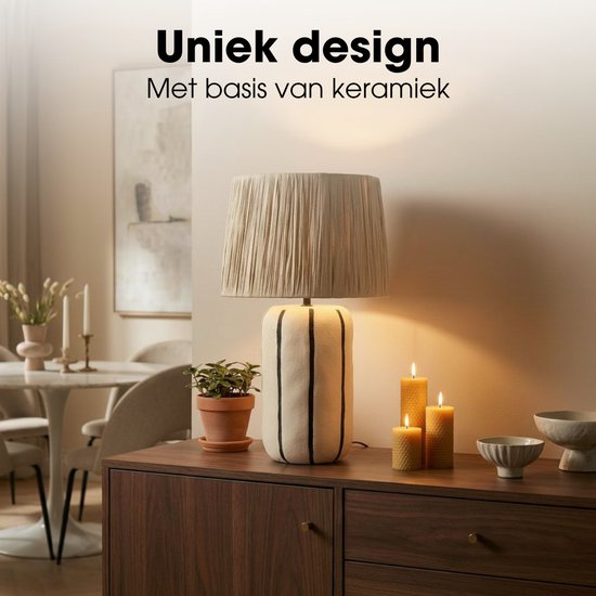 Mica Decorations Denton Tafellamp Woonkamer - Lamp Decoratief met Lampenkap - Bureaulamp Tafellampen Woonkamer - 48 x ⌀28 cm - Keramiek, Metaal, Papier - Beige