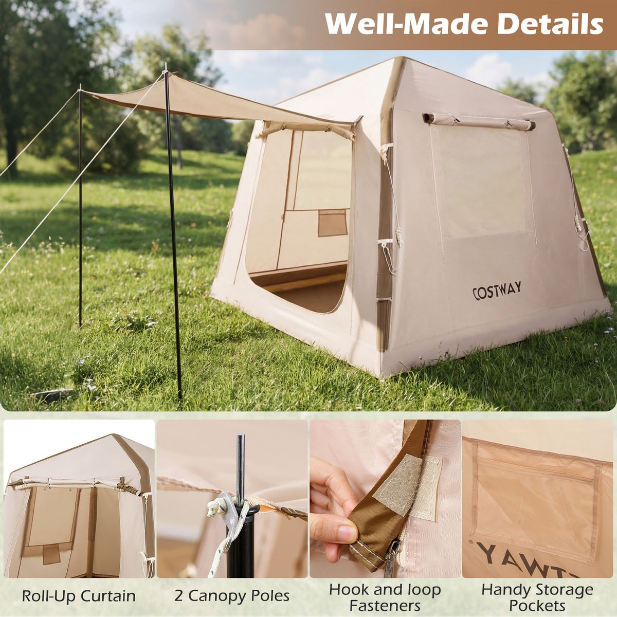 Coast Opblaasbare Campingtent - 2 tot 4 personen - Inclusief pomp en draagtas - Khaki - 210 x 210 x 180 cm
