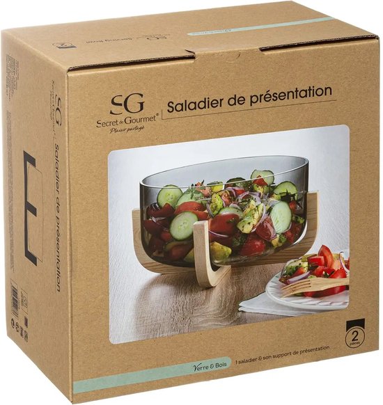 Secret de Gourmet Slakom/voedsel serveer schaal- Glas/hout - D24 cm - Serveerschaal - fruitschaal