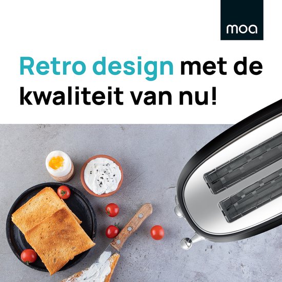 MOA Retro Broodroaster - Toaster voor 4 Sneden - Extra Brede Sleuven - 6 Warmteniveaus - 1500W - Zwart