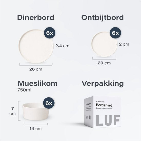 Luft Serviesset 6 Persoons - Restaurant Bordenset - Kommen - Eetborden - Modern - Massief Aardewerk, Keramiek - Crème/beige/wit - 18 delig