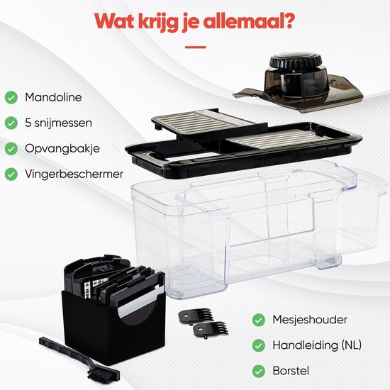 Stosh Mandoline - Groentesnijder - Uiensnijder - Spiraalsnijder - Frietsnijder - Rasp - 6-delig - Zwart - RVS - BPA vrij