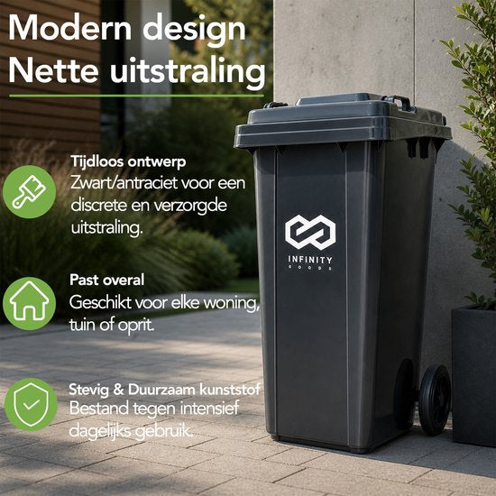 Infinity Goods Kliko 240L - Afvalcontainer - Rolcontainer - Kunststof Mini Container - Met Wielen - Grijs