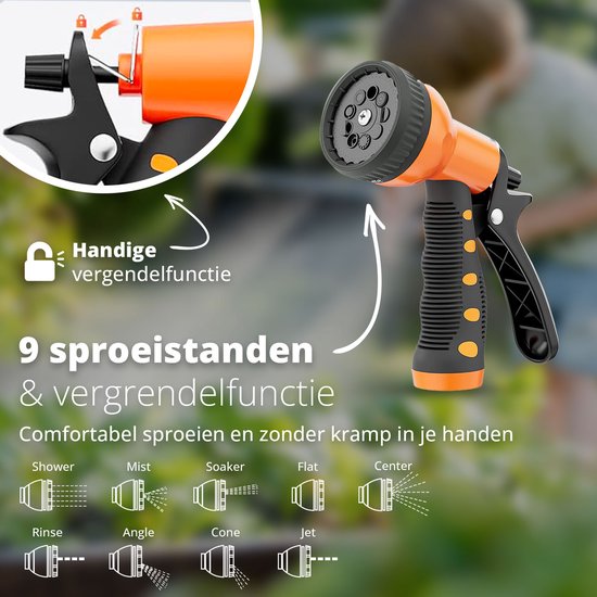 FlinQ Tuinslanghaspel 30 meter - Slanghaspel Automatisch - 180° draaibare Muurhaspel - Wandslangenbox met Tuinslang, Haspel en Sproeikop - 9 Sproeistanden