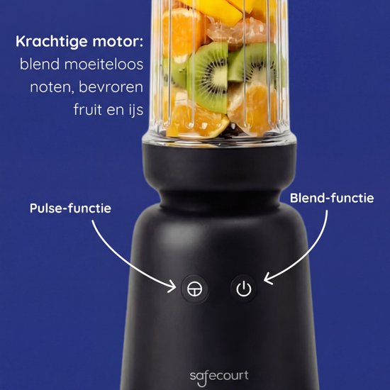 Safecourt Kitchen PureBlend - 1000W Smoothie maker - BPA vrij - inclusief to-go drinkdeksel + rietje- Premium Tritan blendbekers -Zwart