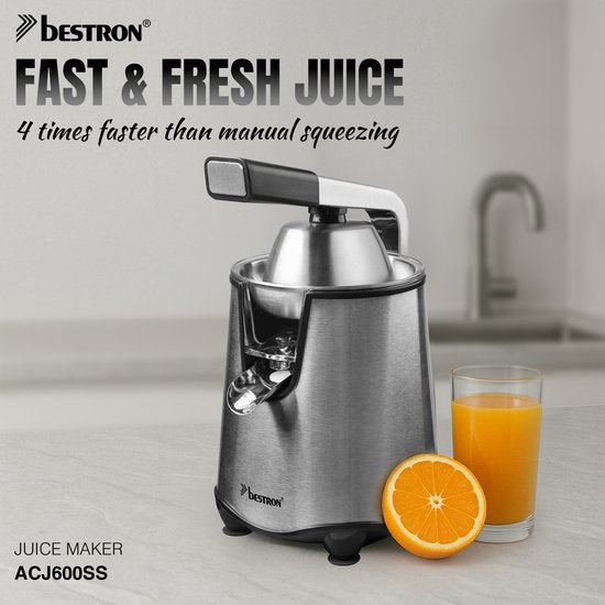 Bestron Citruspers Elektrisch - ACJ600SS - 200W - Incl. 2 perskegels, pulpfilter, druppelstop, pershendel - Zilver - 5 jaar garantie