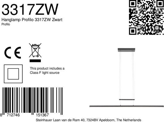Hanglamp Profilo 3317ZW Zwart 115cm breed Hoogteinstelbaar Kunststof & Metaal Steinhauer