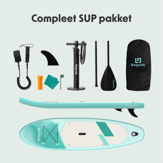 LifeGoods SUP Board Allround Compact - 100 KG Draagkracht - 300 x 76 cm - Opblaasbaar - Compleet SUP pakket - Mintgroen