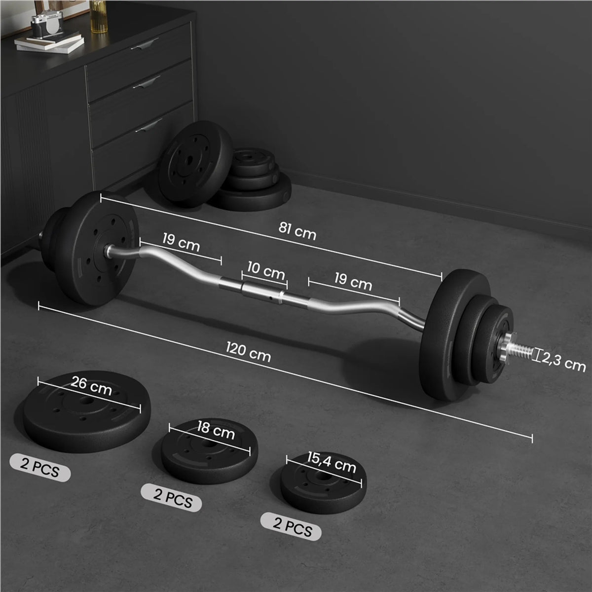 Yaheetech EZ-curl Halterset 20 kg – Voorzien Van Verchroomde Curlstang En 6 Beton-gewichtsschijven En Stersluitingen – Voor Krachttraining En Spieropbouw – Zwart Metaal Kunststof En Beton – 120 x 26 x 26 cm