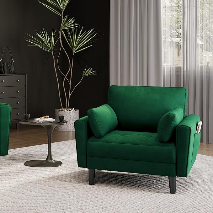 Yaheetech Moderne Woonkamerfauteuil met Armleuningen en Zakken Relaxfauteuil met Kussens Houten Frame Stoffen Slaapkamerfauteuil voor Woonkamer Groen