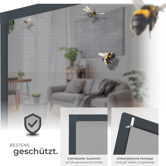tectake® Inzethor - Raamhor - 130 x 150 cm - Voor Raamkozijnen, op maat verstelbaar zonder boren en schroeven - Muggengaas - Antraciet
