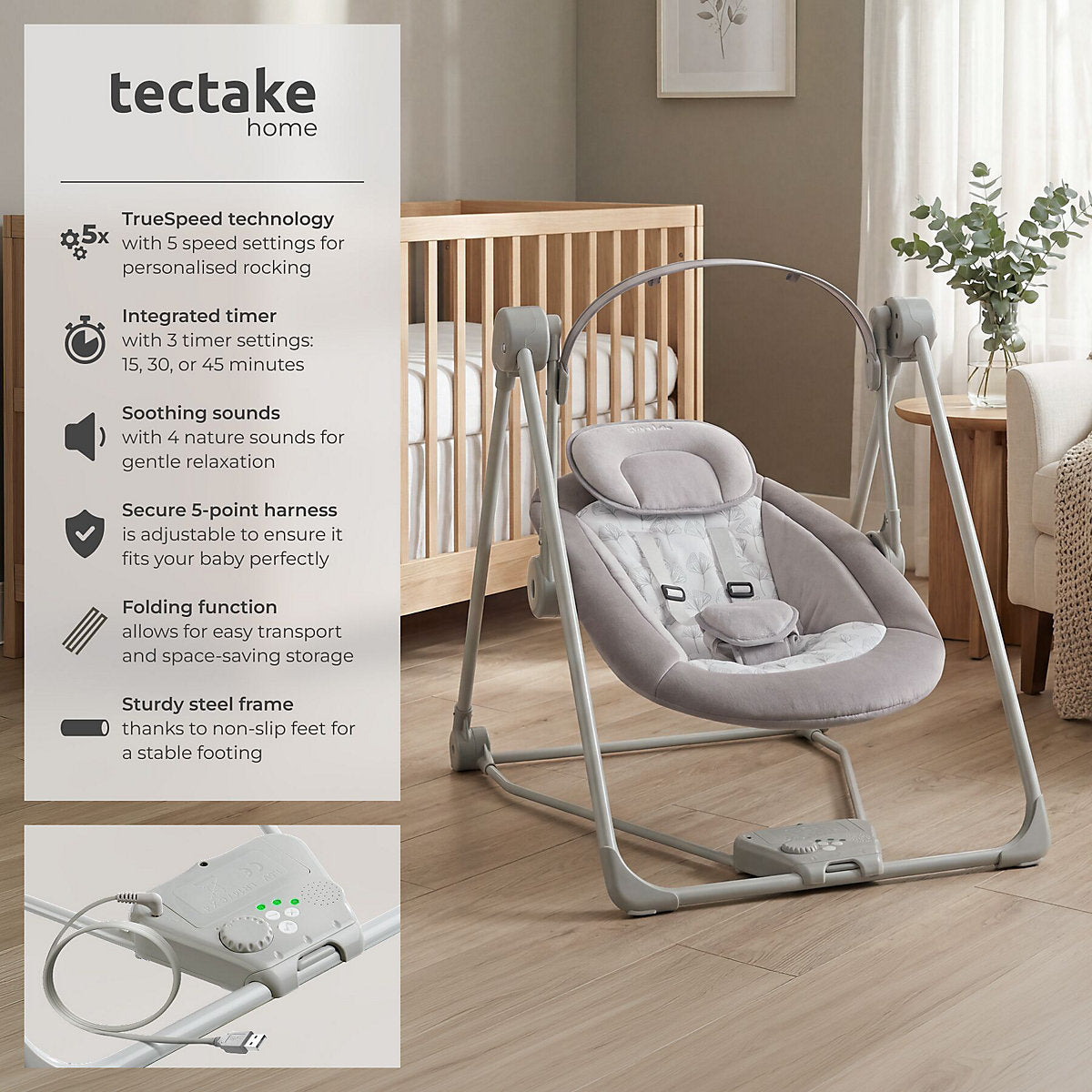 Tectake Babyschommel 75,5 x 56 x 68 cm - 5 Snelheden/Timer - 4 Geluiden - Lichtgrijs