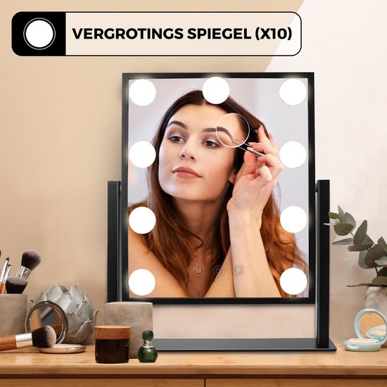 Bayt - Spiegel met Verlichting - Hollywood Spiegel met verlichting - Make up Spiegel met verlichting - Dimbaar - 10x Vergroting - 36 x 30 cm - Zwart