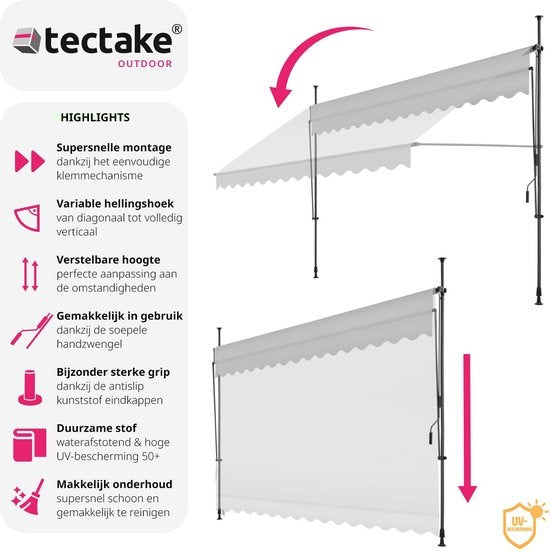 tectake - klemluifel - Zonnescherm – Zonneluifel - Verstelbaar - Klem-zonwering - Zonnescherm Balkon - 350 x 180 cm - lichtgrijs – zonwering - 404967