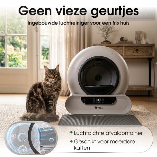 Vivex® Automatische Kattenbak – Zelfreinigende Kattenbak Inclusief App – 75L - incl Matje en 5 Rollen opvangzakjes - XXL