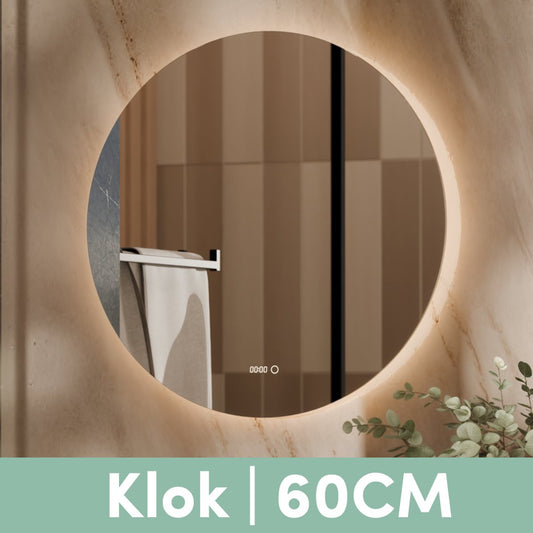 Beloura Badkamerspiegel met Verlichting - Ronde Badkamer Spiegel - Verwarming - Klok - LED - 60 cm
