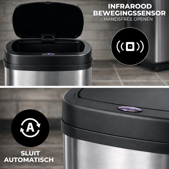 Bayt Prullenbak - Prullenbak 60 Liter - Prullenbak met Sensor - Vuilnisbak - Afvalbak - Metaal - Zilver