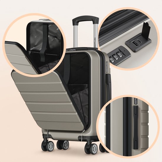 TRVLMORE Reiskoffer - 54x37x23 cm - Met Voorvak - 44L - TSA-slot - 4 Wielen - Champagne