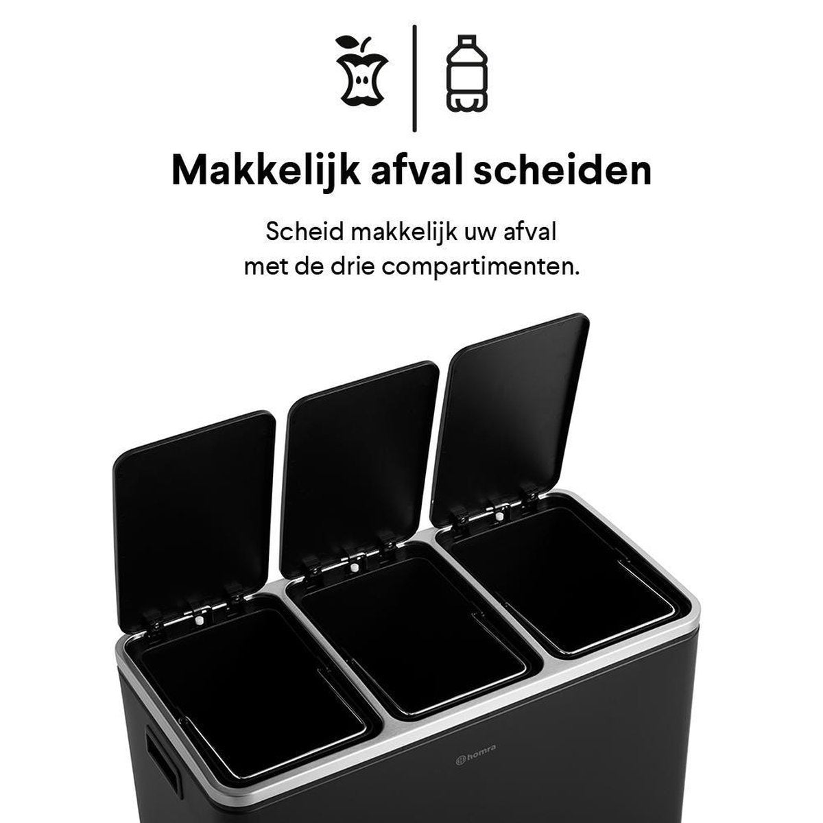Homra Sparq Pedaalemmer 54 Liter - Zwarte Prullenbak 3 vakken - Trio Prullenbak 3 X 18 Liter - Prullenbak Afvalscheiding - Vuilnisbak voor huishouden en kantoor - Recycle Vuilbak keuken Afvalemmer - Afvalscheidingsprullenbakken