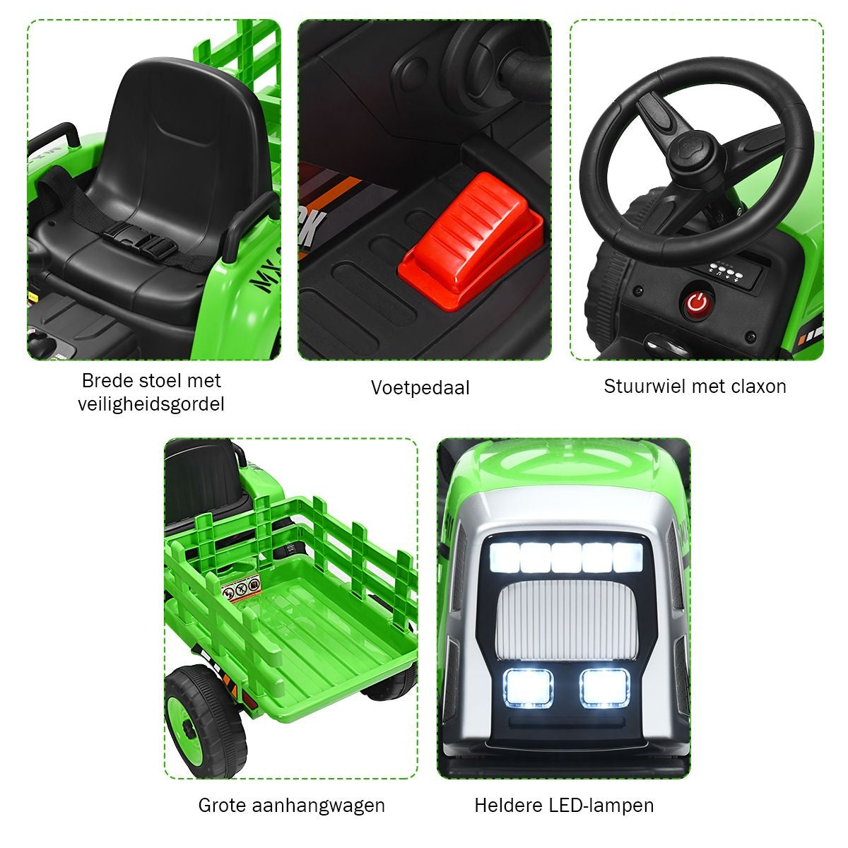Coast Kindertractor met Aanhanger - 3 Versnellingen 12V - Groen
