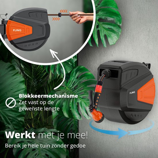 FlinQ Tuinslanghaspel 30 meter - Slanghaspel Automatisch - 180° draaibare Muurhaspel - Wandslangenbox met Tuinslang, Haspel en Sproeikop - 9 Sproeistanden