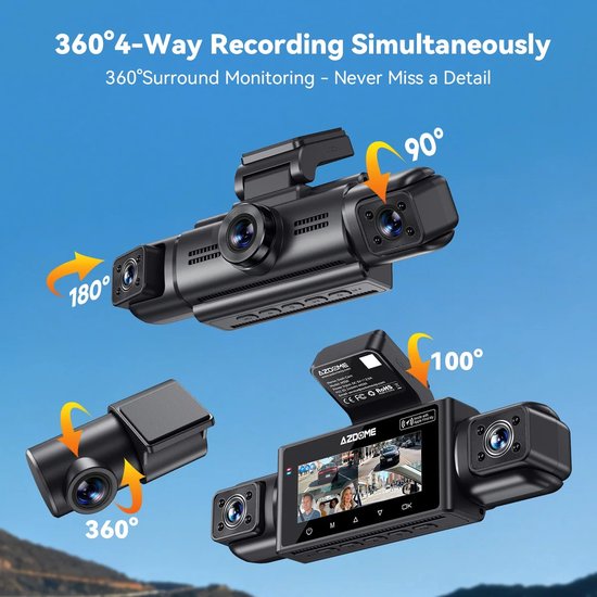 AZDome M350 4CH Dashcam - 2K + 3x Full HD - Wifi - GPS - 64GB