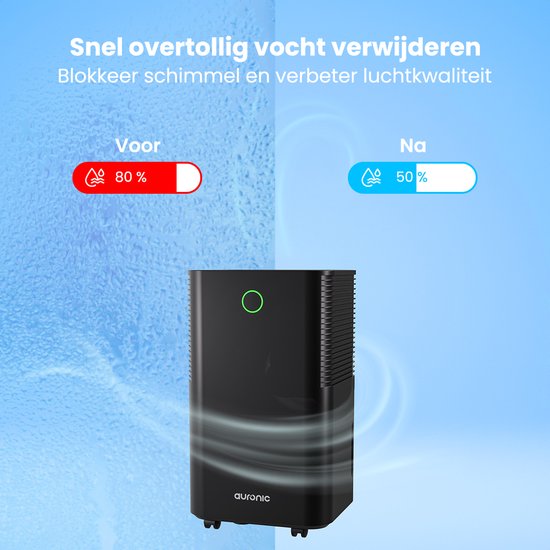 Auronic Luchtontvochtiger - Compact Serie - 10L per dag - 2L Waterreservoir - Was-droog functie - Slaapkamer, Badkamer en Woonkamer - Vochtopnemer voor in Huis - Luchtontvochtiger - Zwart