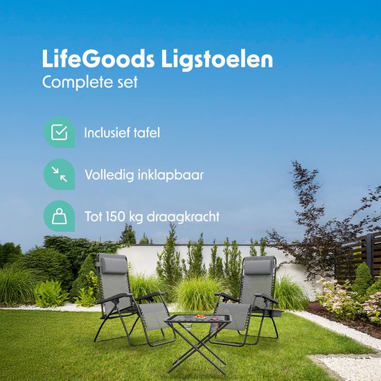 LifeGoods Ligstoelen - Opvouwbaar - Complete set - Met Bijzettafel - 30°-90° Verstelbaar - Tuinstoelen - Metaal - Grijs