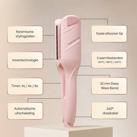 Sansbeauté® Wave Krultang 32mm - Wafeltang - Keramische Haarkruller Beach Waves - Mermade Hair Waves - Mermaid Waves Krultang - Wavy Hair - Krultangen - The Waver - Haarstyler Hair Curler - Dunne en Dikke Crimper