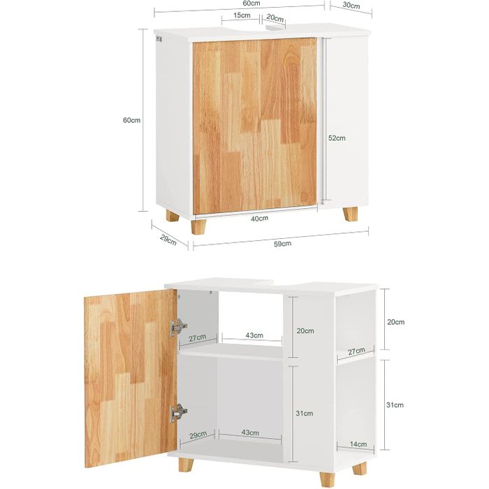 SoBuy - Wastafel onderkast met 1 deur en 2 zijvakken - 60 x 30 x 60 cm - Max. 30KG - Wit