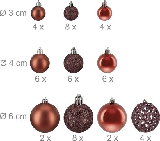 kerstballen - set van 50 - onbreekbaar - plastic - ∅ 3, 4 & 6 cm - bruin