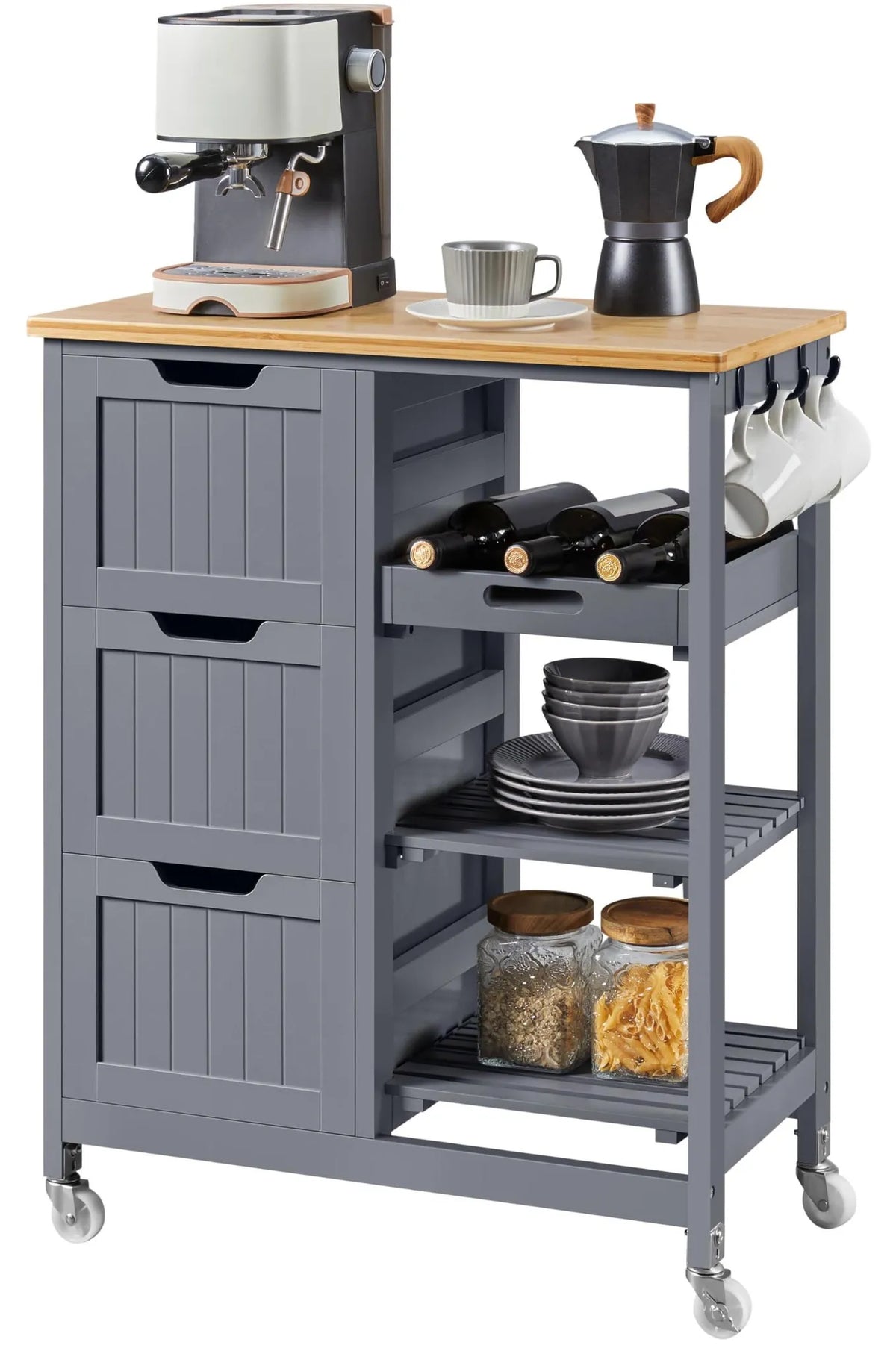 Yaheetech Keukentrolley met 3 Lades en Wielen - 67 x 37 x 84,5 cm - Donkergrijs