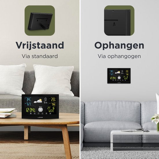 LONQ Weerstation Binnen en Buiten Q3 - Incl. Batterijen - Draadloos Weerstation met Buitensensor - Thermometer Hygrometer - Touchscreen Kleurendisplay - DCF Gestuurde Klok