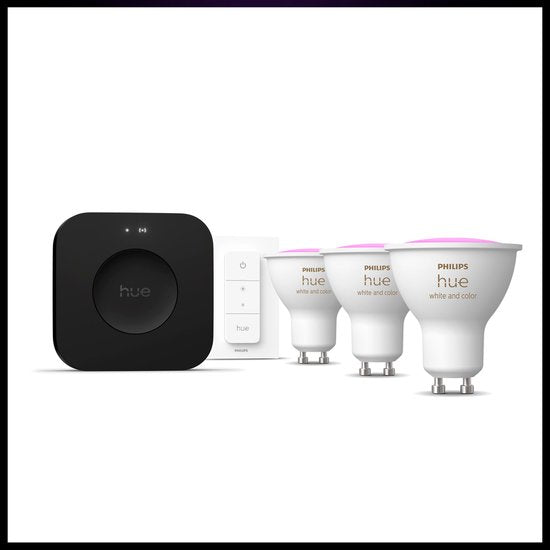 Philips Hue starterkit - GU10 fitting - bevat 1 Hue Bridge Pro, 3 lampen, 1 DimmerSwitch - aanpasbaar wit en gekleurd licht - - slimme verlichting