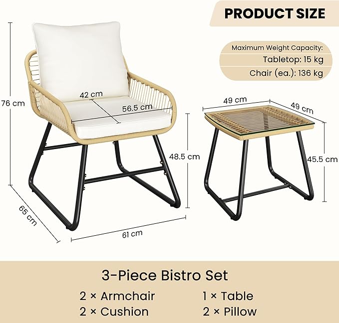 Yaheetech 3-delige bistroset - Inclusief kussens en glazen tafel - Tan/crème