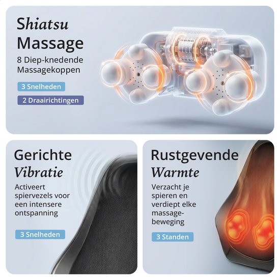 Lifeproducts Massagekussen voor Nek en Rug - Nekmassage Apparaat - Rugmassage - Shiatsu Nek Massage Apparaat met Warmtefunctie en Trilfunctie