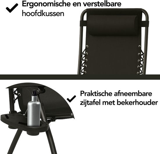 Brixy Opvouwbare Tuinstoelen set van 2 - Ligstoelen - Opvouwbaar - Verstelbaar - Ergonomisch Hoofdkussen - Metaal - Textileen - Zwart
