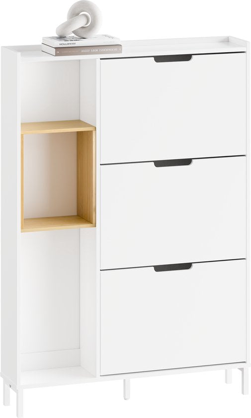SoBuy FSR209-WN Schoenenkast, wit, compact, opslag voor 9 paar schoenen, ideaal voor kleine ruimtes en woningen, MDF + bamboe, 90 x 19 x 129,5 cm FSR209-WN