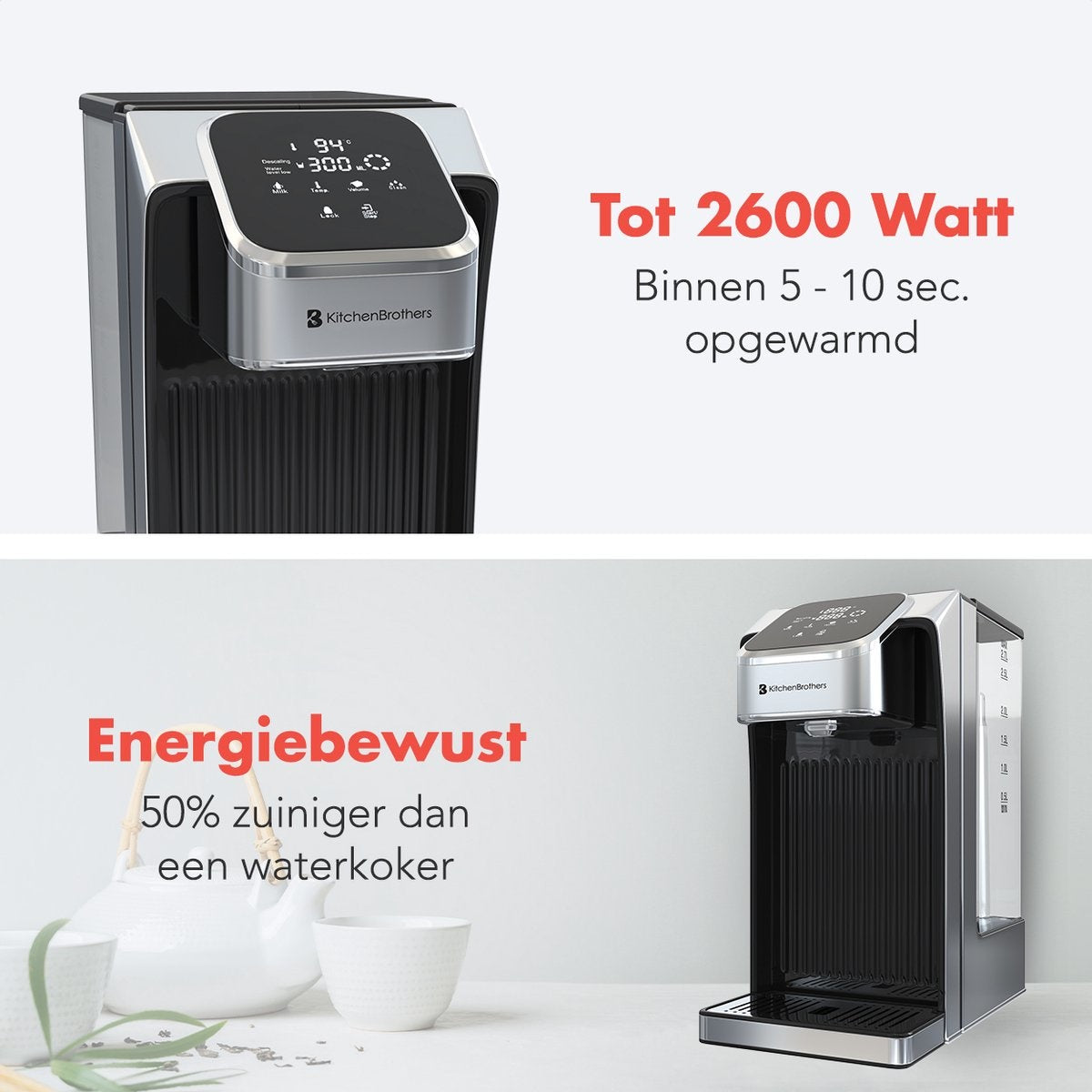 KitchenBrothers Heetwaterdispenser – 2,7L Inhoud, Instelbare Temperatuur – 2600W – 26,4 x 15 x 30,2 cm – RVS/Zwart