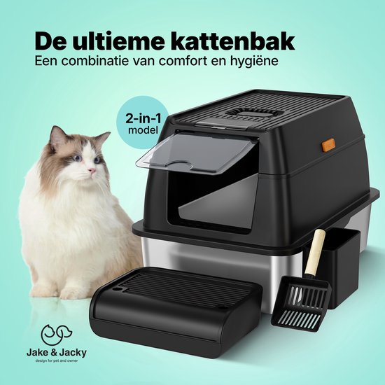 Jake en Jacky RVS Kattenbak - Kattentoilet Roestvrijstaal - Incl. Kattenbakschep met Houder en Gritopvang Opstapje - 2 in 1 Open Kattenbak met Afneembare Deksel - 60x40x38cm - Zwart