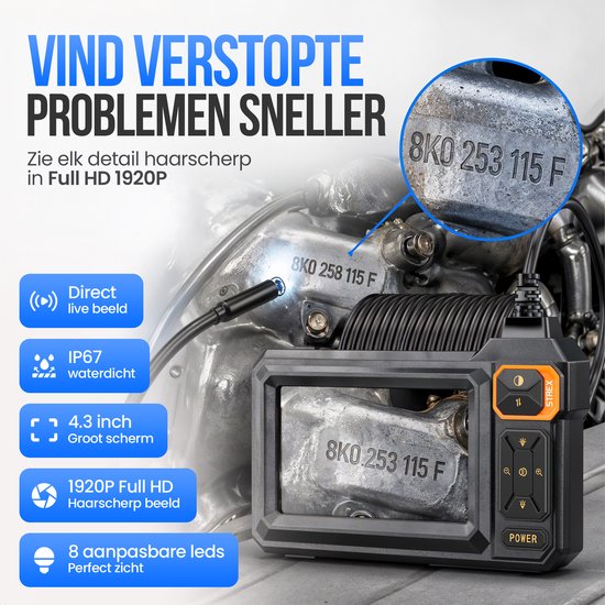 Strex Endoscoop met Scherm 15M - Inspectiecamera - Rioolcamera met HD Beeld - IP67 Waterdicht - Instelbare LED Verlichting