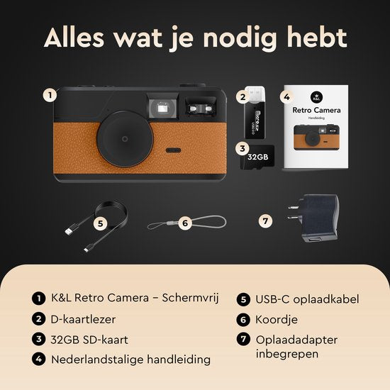 K&L Digitale Camera - Schermvrij - Oplaadbaar - 16.000 Foto's - Fotocamera - Vintage - Inclusief 32GB - Duurzaam - Bruin
