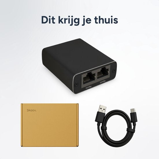 Skoov Internet Splitter 1 in 2 out - Netwerk Switch met 2 Poorten - 1000Mbps - RJ45, Cat5, Cat6, LAN, UTP, Ethernet splitter - Adapter - Zwart