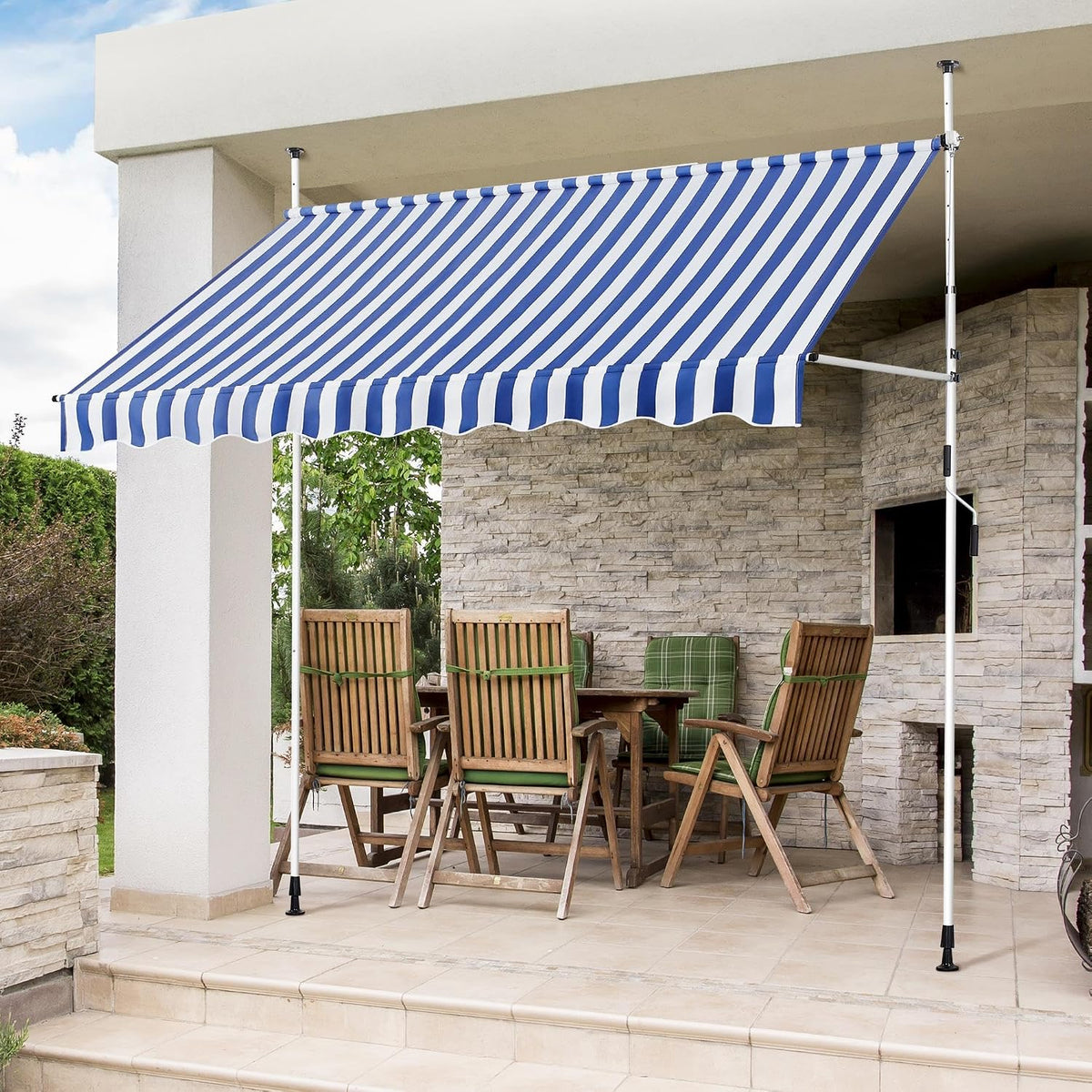 Yaheetech Balkonmarkise - Klemmmarkise met Handkurbel 250 cm - Höhenverstellbar - Blauw-Wit