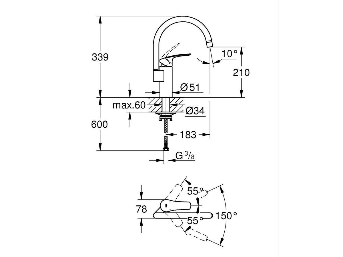 Grohe Via Keukenkraan - Eengreeps Mengkraan - Hoge C-uitloop 150° - Chroom