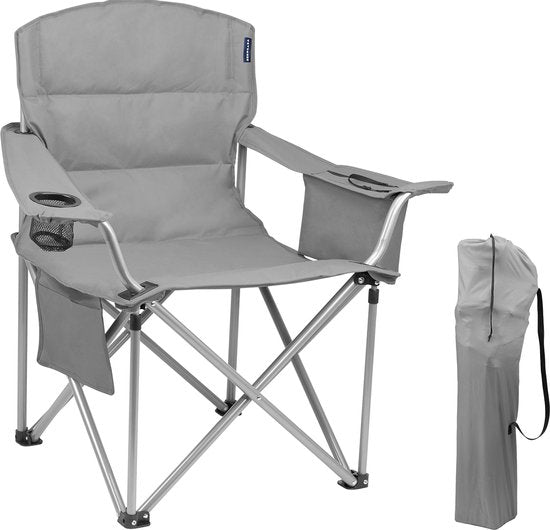 TRVLMORE Campingstoel - Opvouwbaar - XL - Comfortabele Vouwstoel - 150 kg draagvermogen - Drankhouder - Koelvak - Visstoel - Grijs