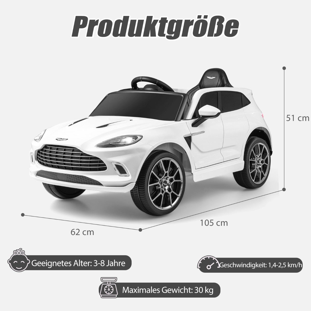 Coast 12V Aston Martin DBX kinderauto met 2,4 g afstandsbediening 1,4-2,5 km/u wit