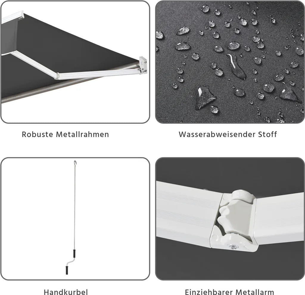Yaheetech Knikarmscherm 300 × 250 cm – Donkergrijs – Handmatig Zonnescherm met Zwengel en Verstelbare Hoek 5–35°