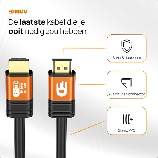 Drivv. Premium HDMI Kabel 2.1 - Ultra HD - 8K 60Hz - 4K 120Hz - Geschikt voor Xbox Series X & PS5 - 1 meter - Oranje